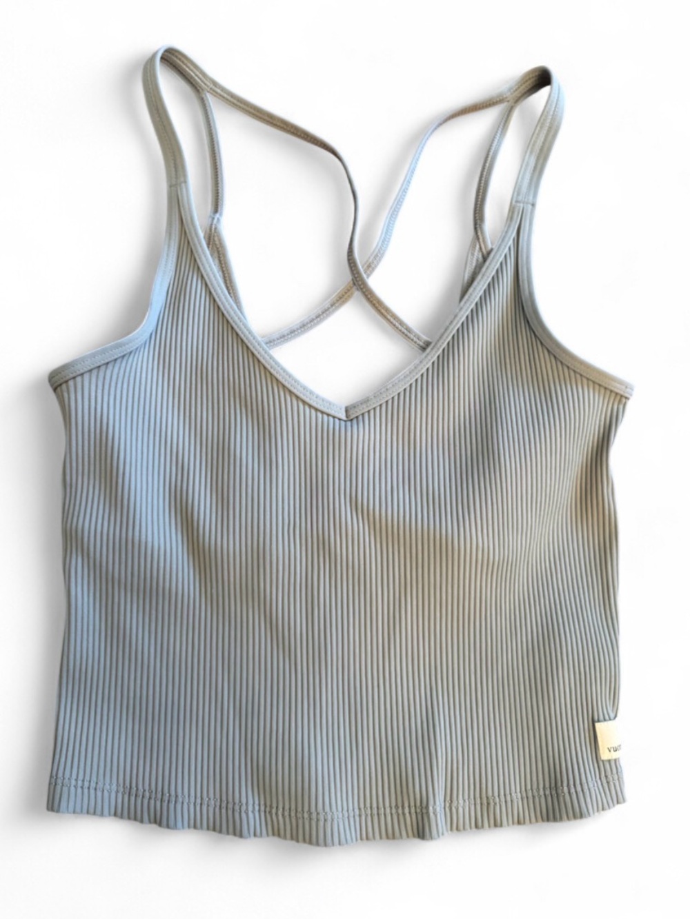 Vuori Small Light Blue Grey Tank Top Ribbed Cross open back Pilates Yoga Campus